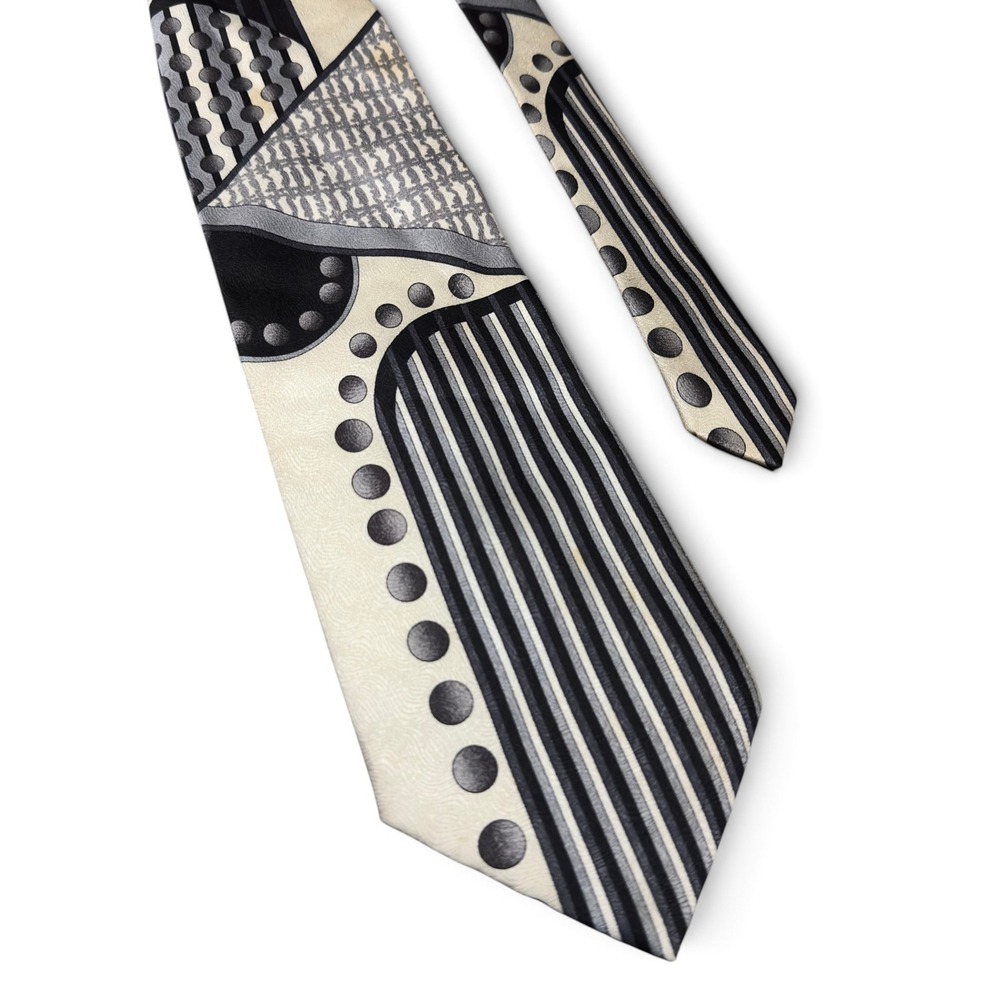 Pierre Balmain Paris Mens Wide Tie Black Gray Cream Abstract 4" 60" Necktie